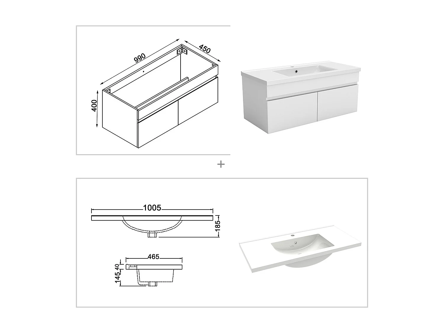 Meuble simple vasque blanc 100cm avec colonne + miroir 3 couleurs + dimmable