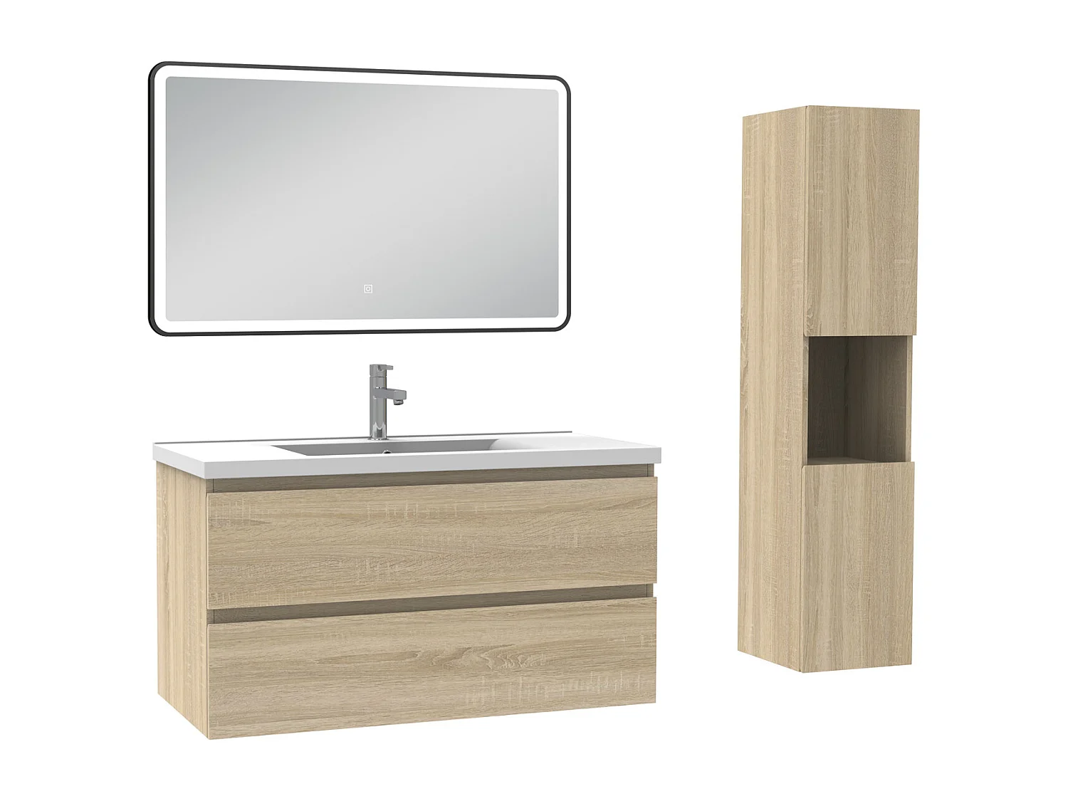 Meuble salle de Bain 100cm avec colonne + miroir 3 couleurs Chêne Wotan