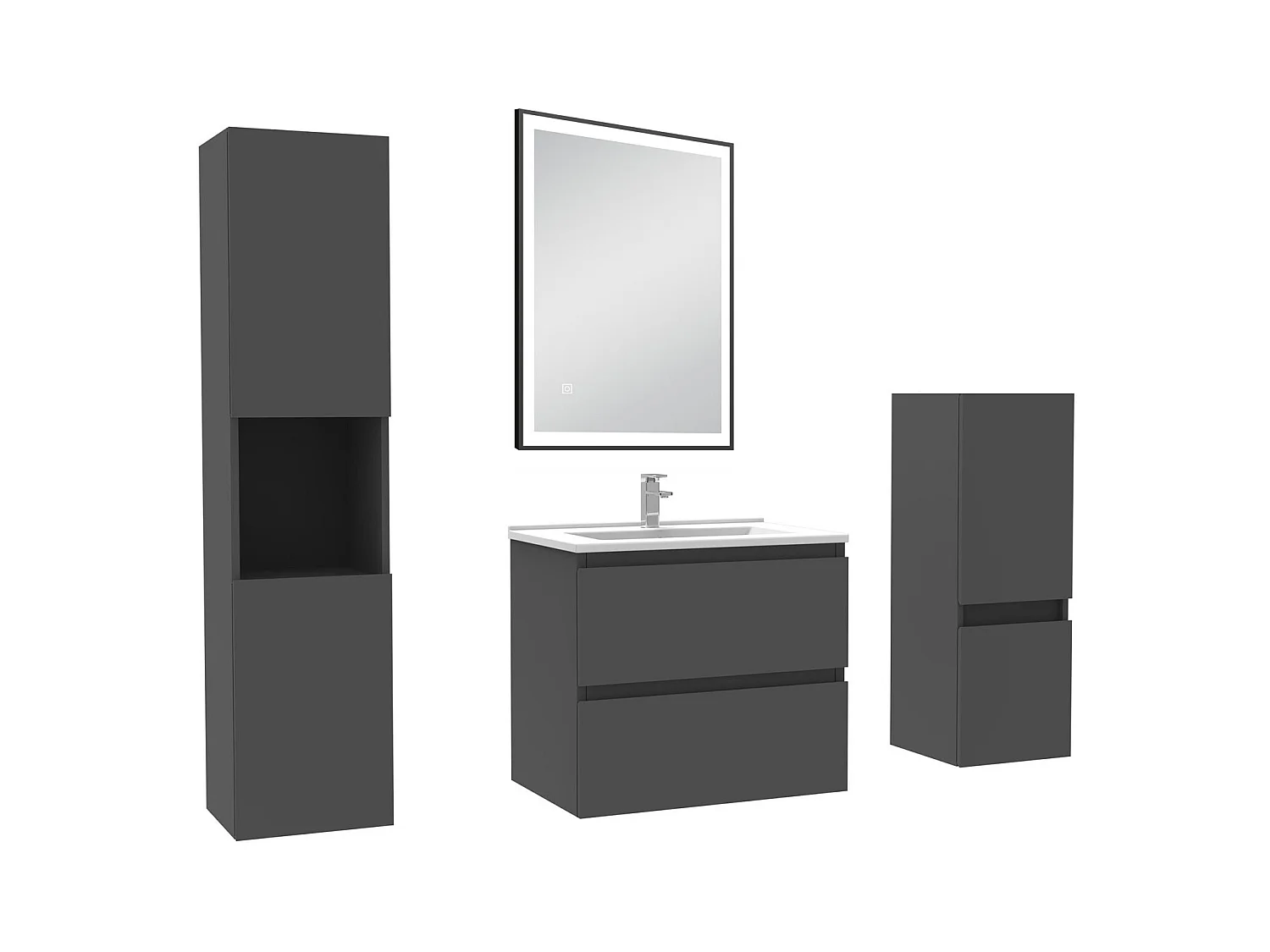 Meuble salle de Bain 60cm avec colonne et miroir mural lumineux 3 couleurs Anthracite
