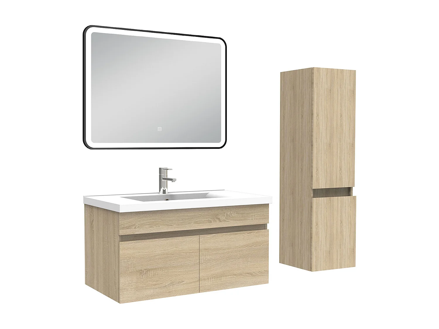 Meuble simple vasque 80cm avec colonne + miroir lumineux chêne wotan