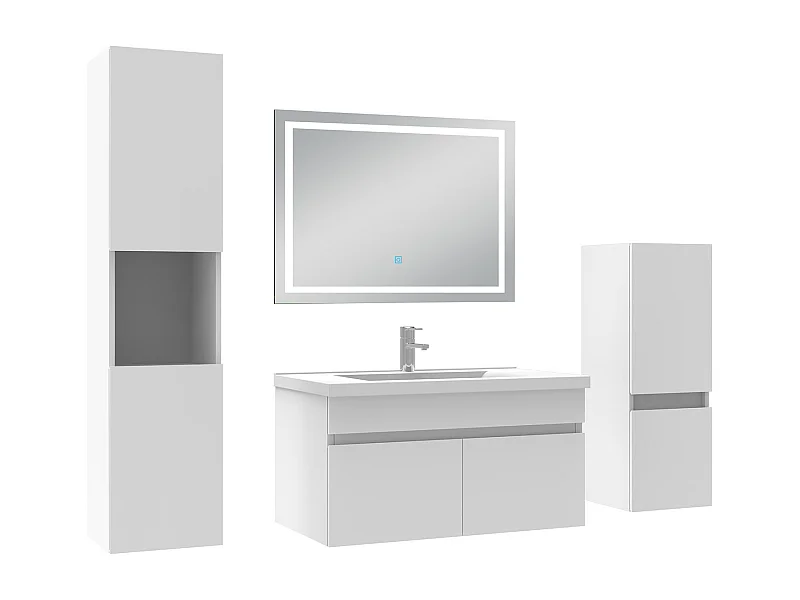 Ensemble meuble salle de Bain 80cm avec colonne + miroir mural lumineux 3 couleurs blanc