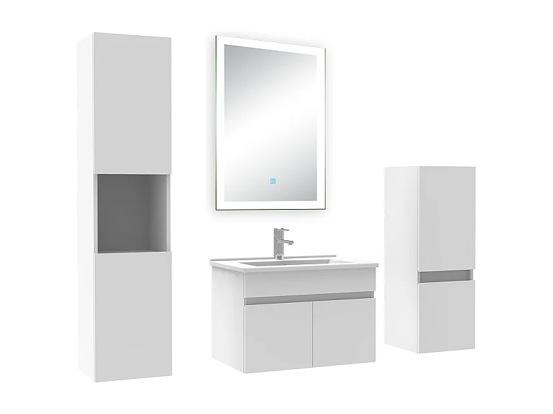 Ensemble meuble Salle de Bain 60cm avec simple vasque + colonne + miroir lumineux dimmable blanc