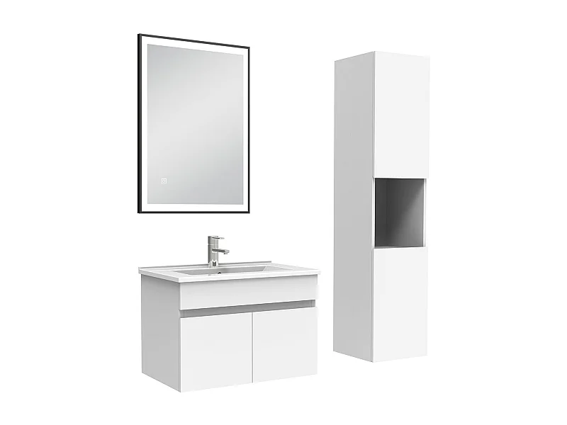 Meuble simple vasque 60cm avec colonne et miroir lumineux 3 couleurs blanc