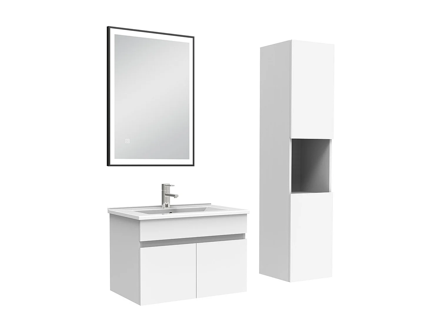 Meuble simple vasque 60cm avec colonne et miroir lumineux 3 couleurs blanc