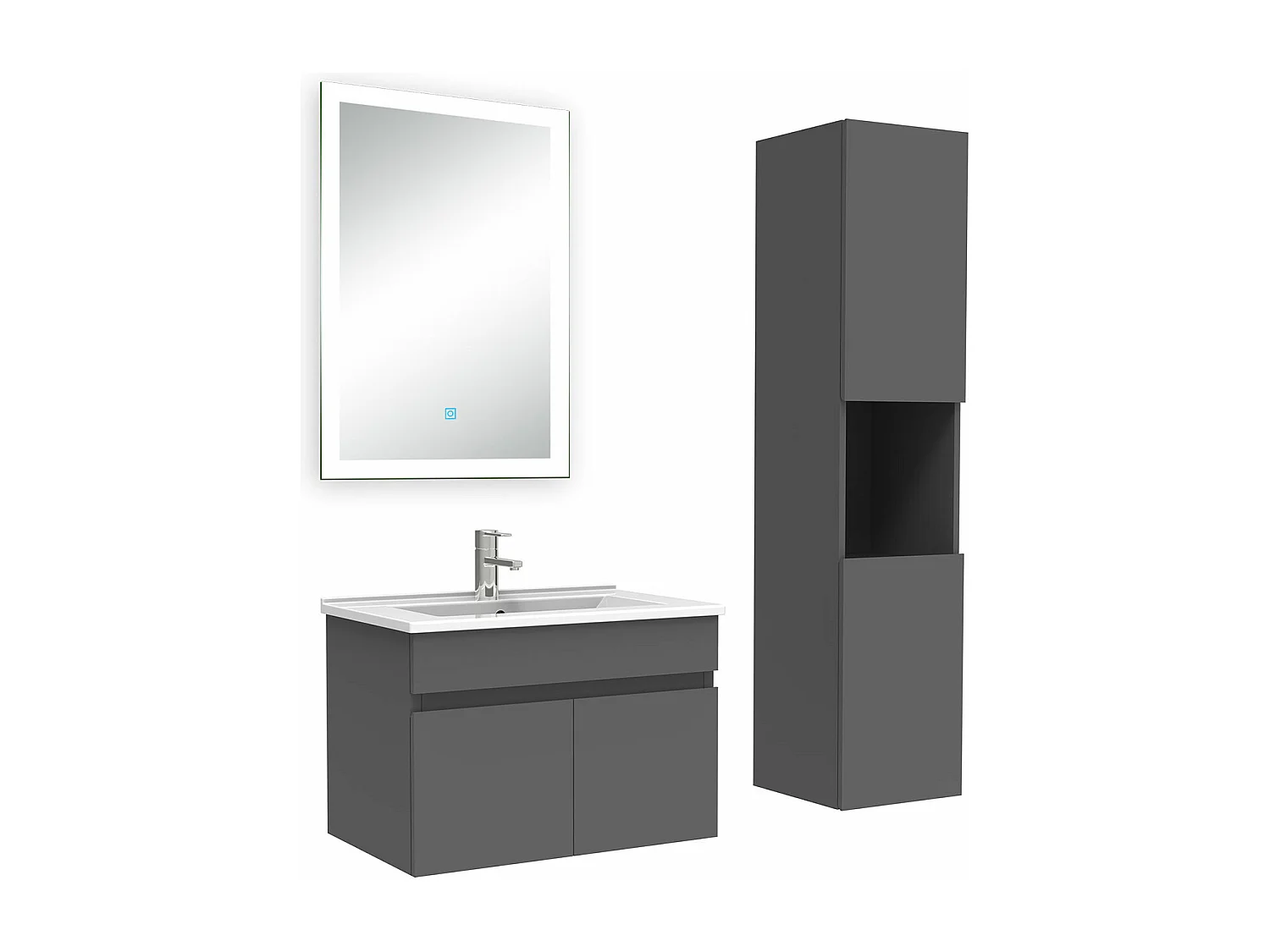 Ensemble meuble Salle de Bain 60cm avec vasque + colonne + miroir lumineux dimmable anthracite