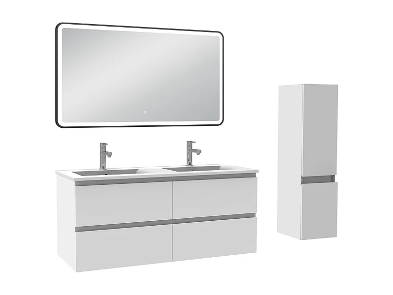 Meuble salle de Bain 120cm double vasque avec colonne + miroir 3 couleurs blanc