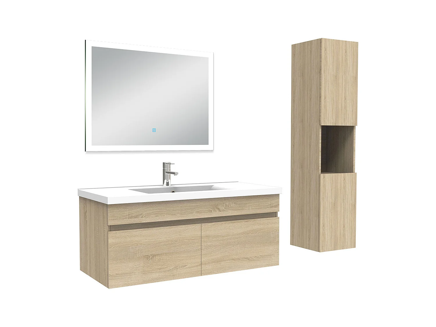 Ensemble meuble Salle de Bain 100cm avec vasque + colonne + miroir lumineux dimmable chêne wotan