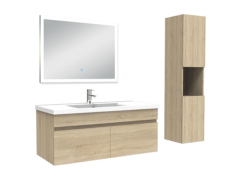 Ensemble meuble Salle de Bain 100cm avec vasque + colonne + miroir lumineux dimmable chêne wotan