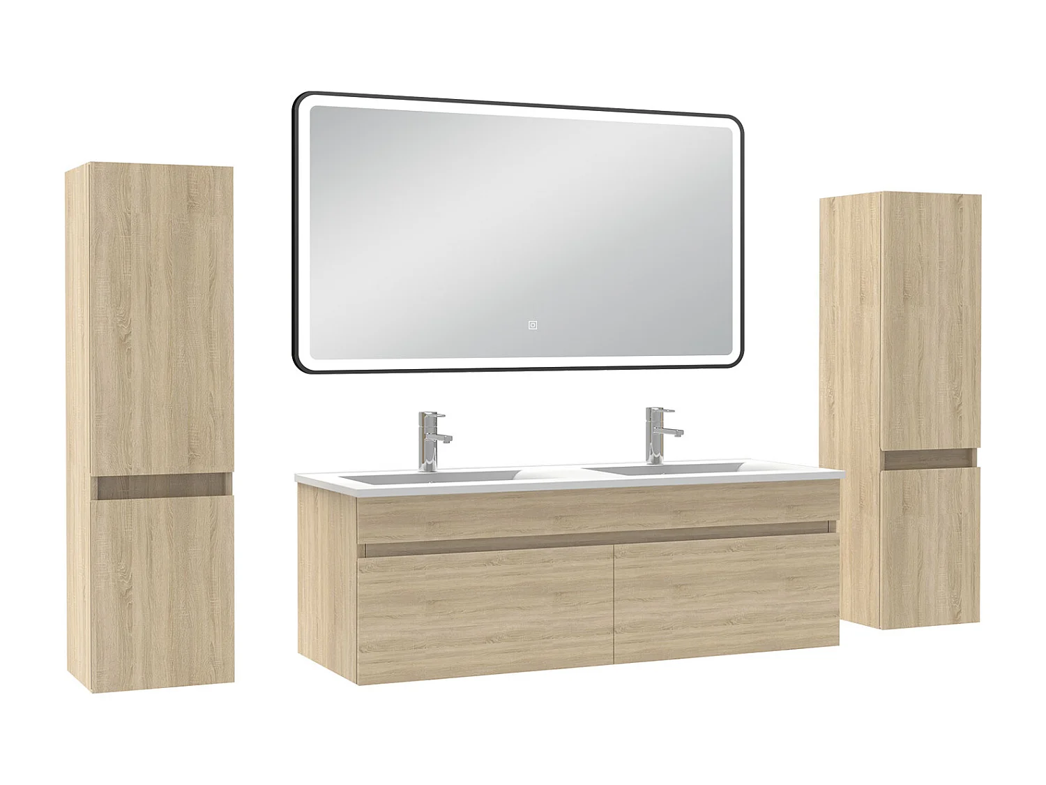 Meuble double vasque chêne wotan 120cm avec colonne + miroir 3 couleurs + dimmable