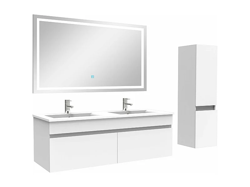 Ensemble meuble salle de Bain 120cm double vasque avec colonne + miroir 3 couleurs blanc