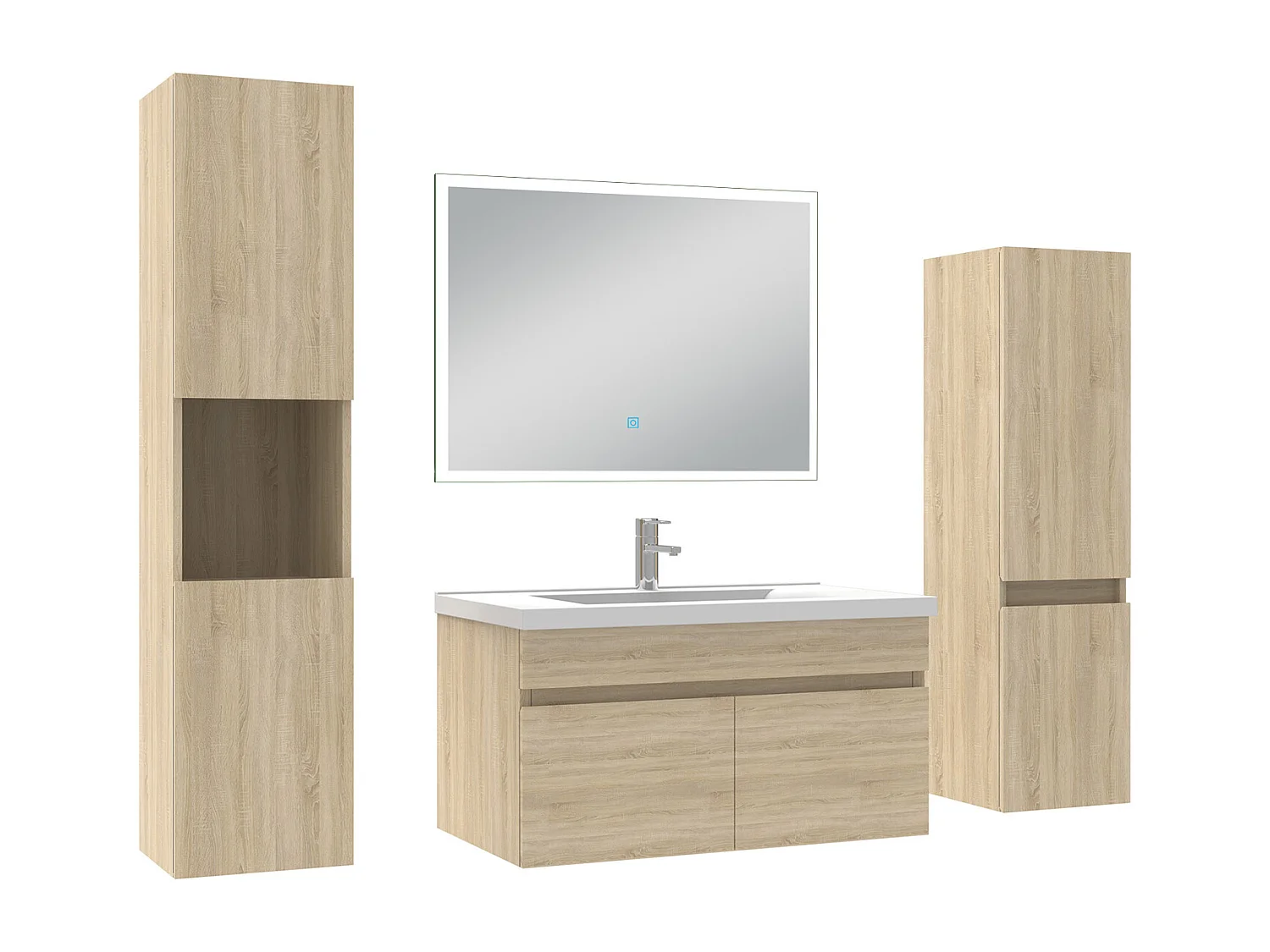 Ensemble meuble Salle de Bain 80cm simple vasque avec colonne + miroir lumineux dimmable chêne wotan