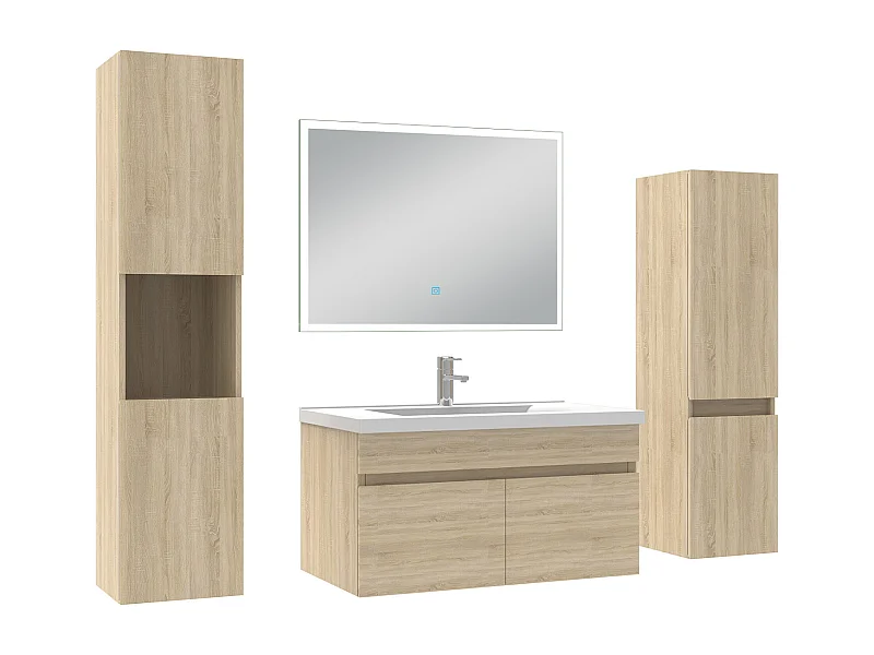Ensemble meuble Salle de Bain 80cm simple vasque avec colonne + miroir lumineux dimmable chêne wotan