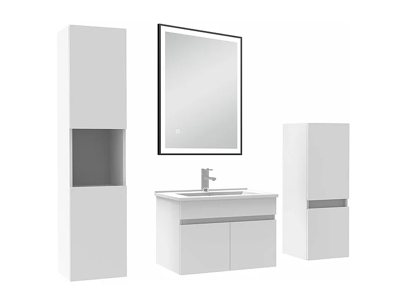 Meuble simple vasque 60cm avec colonne et miroir lumineux 3 couleurs et dimmable blanc