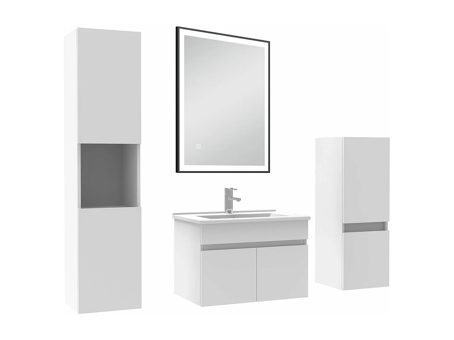 Meuble simple vasque 60cm avec colonne et miroir lumineux 3 couleurs et dimmable blanc