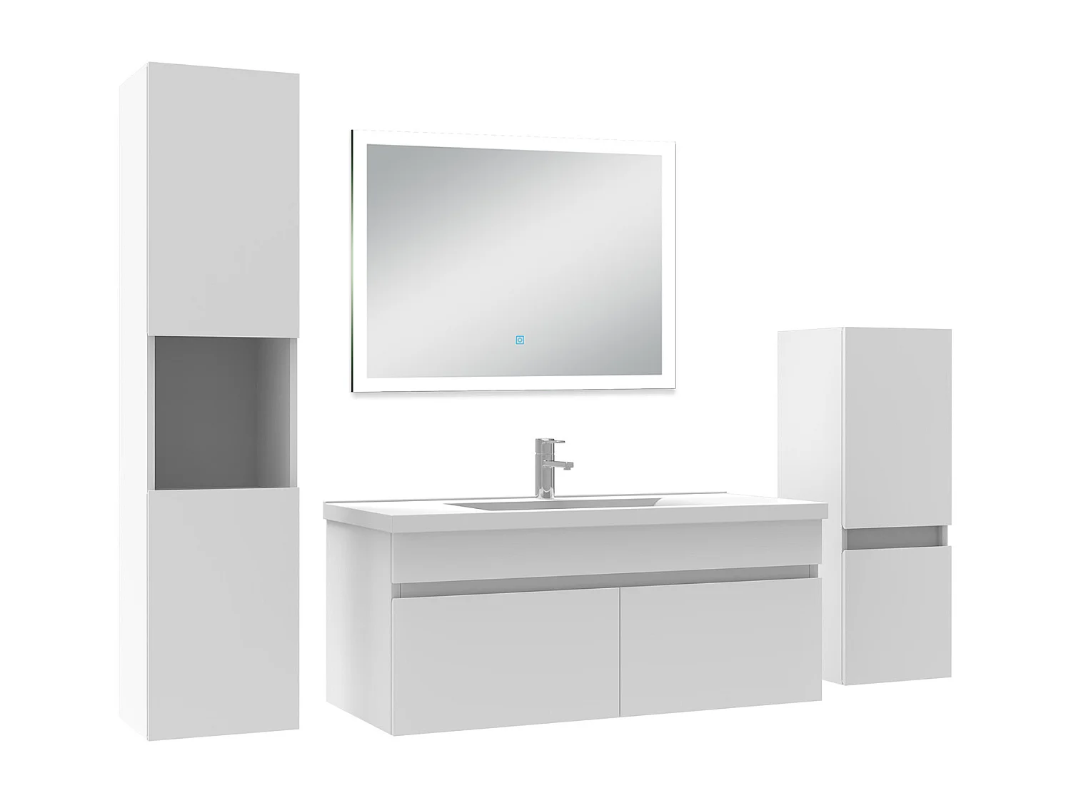 Ensemble meuble Salle de Bain 100cm avec simple vasque + colonne + miroir lumineux dimmable blanc