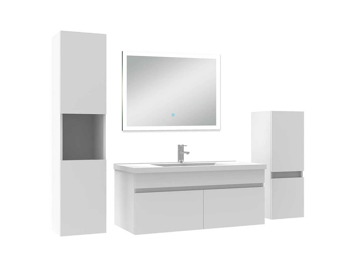 Ensemble meuble Salle de Bain 100cm avec simple vasque + colonne + miroir lumineux dimmable blanc