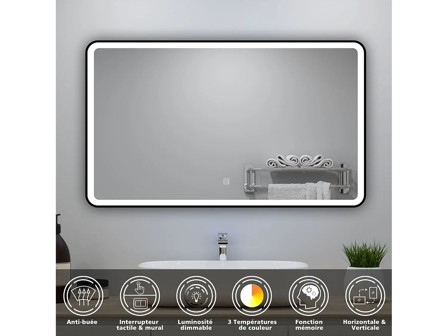 Meuble salle de Bain 120cm avec colonne + miroir mural lumineux 3 couleurs Anthracite