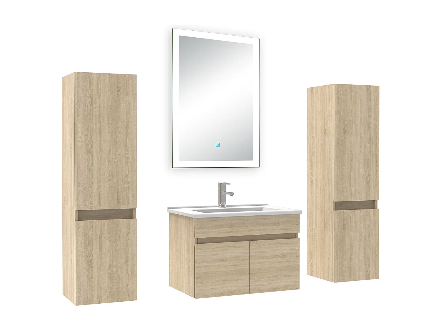 Ensemble meuble Salle de Bain 60cm avec colonne et miroir lumineux dimmable mural chêne wotan