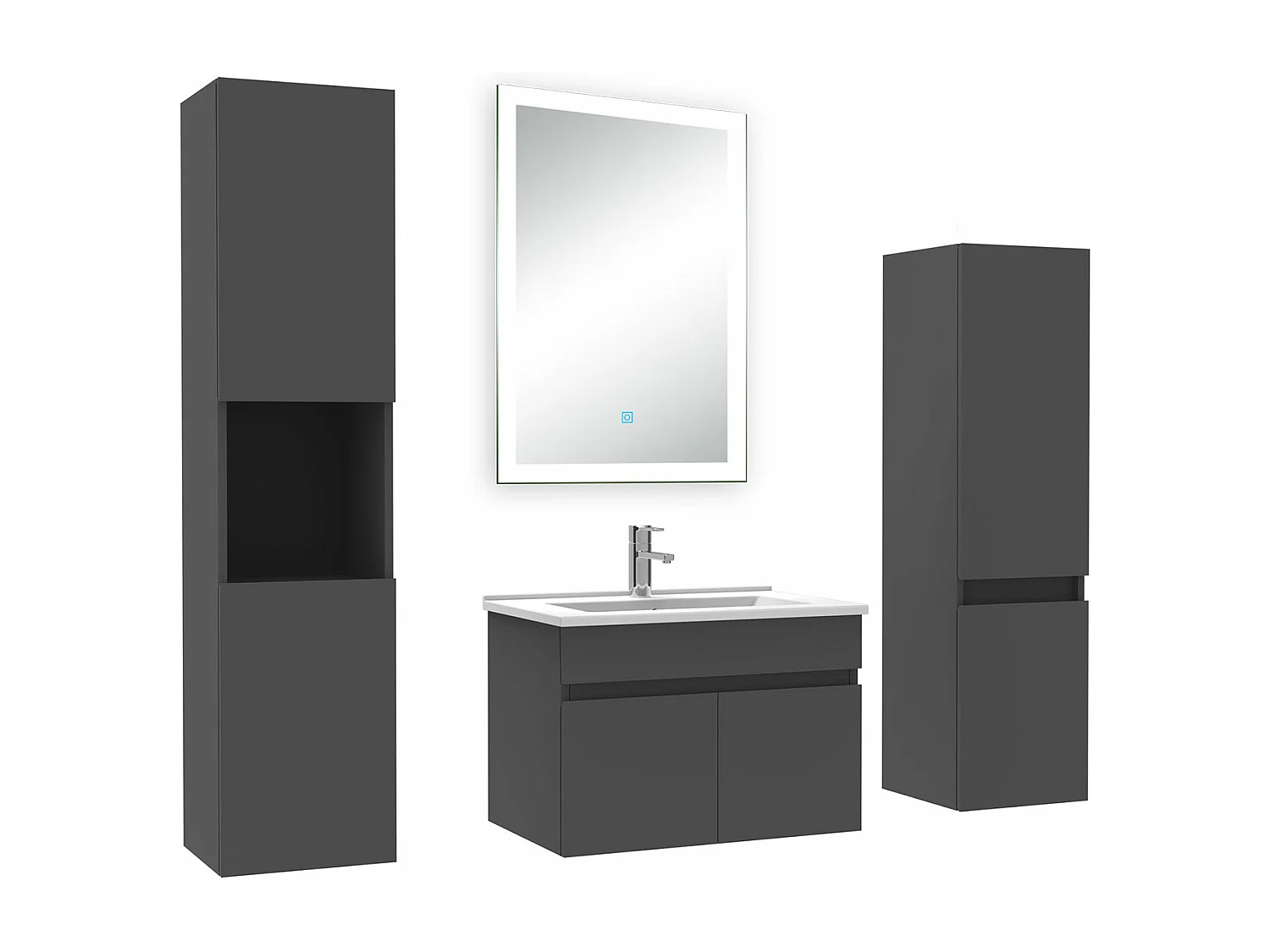 Ensemble meuble Salle de Bain 60cm simple vasque avec colonne + miroir lumineux dimmable anthracite
