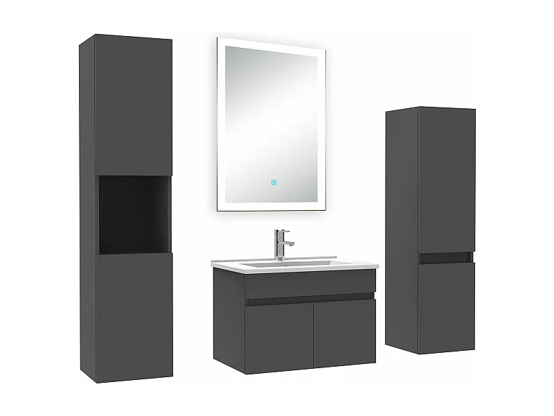 Ensemble meuble Salle de Bain 60cm simple vasque avec colonne + miroir lumineux dimmable anthracite