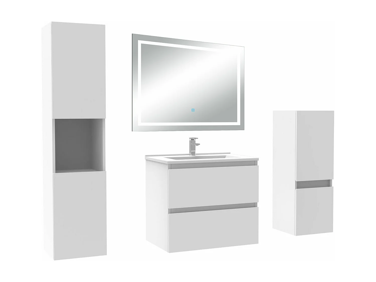 Ensemble meuble salle de Bain 60cm avec colonne et miroir mural lumineux 3 couleurs blanc