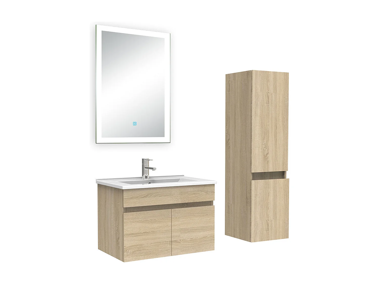 Ensemble meuble Salle de Bain 60cm avec vasque + colonne + miroir lumineux 3 couleurs chêne wotan