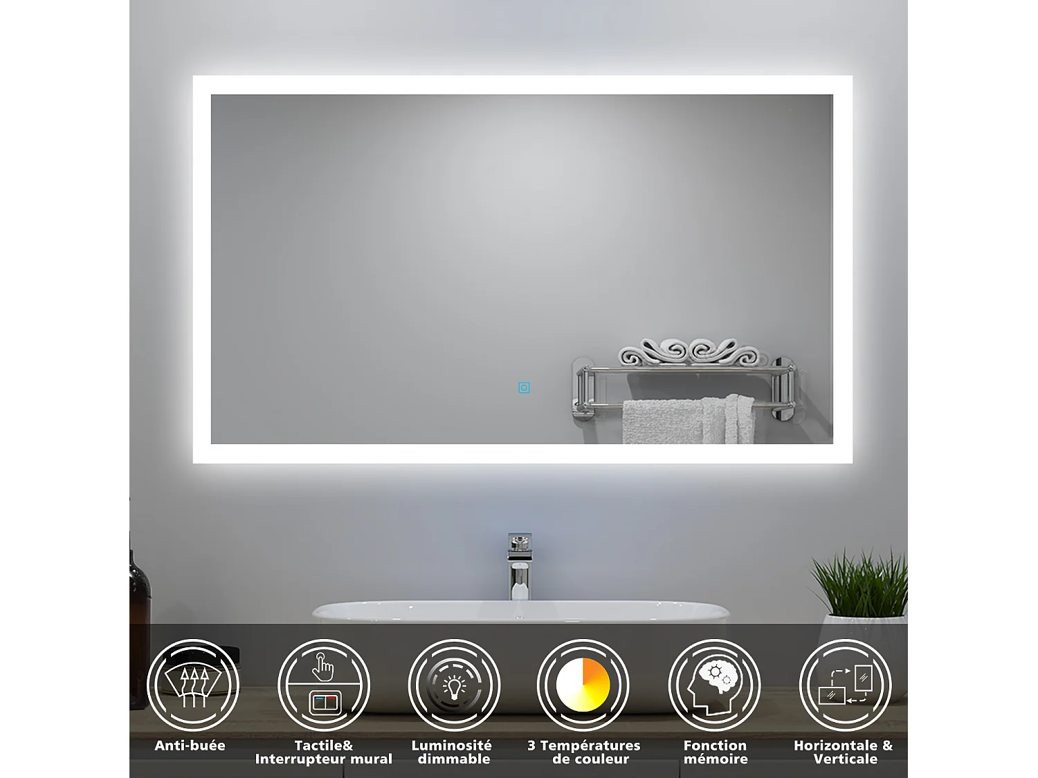 Ensemble meuble Salle de Bain 60cm avec simple vasque et colonne et miroir lumineux dimmable anthracite