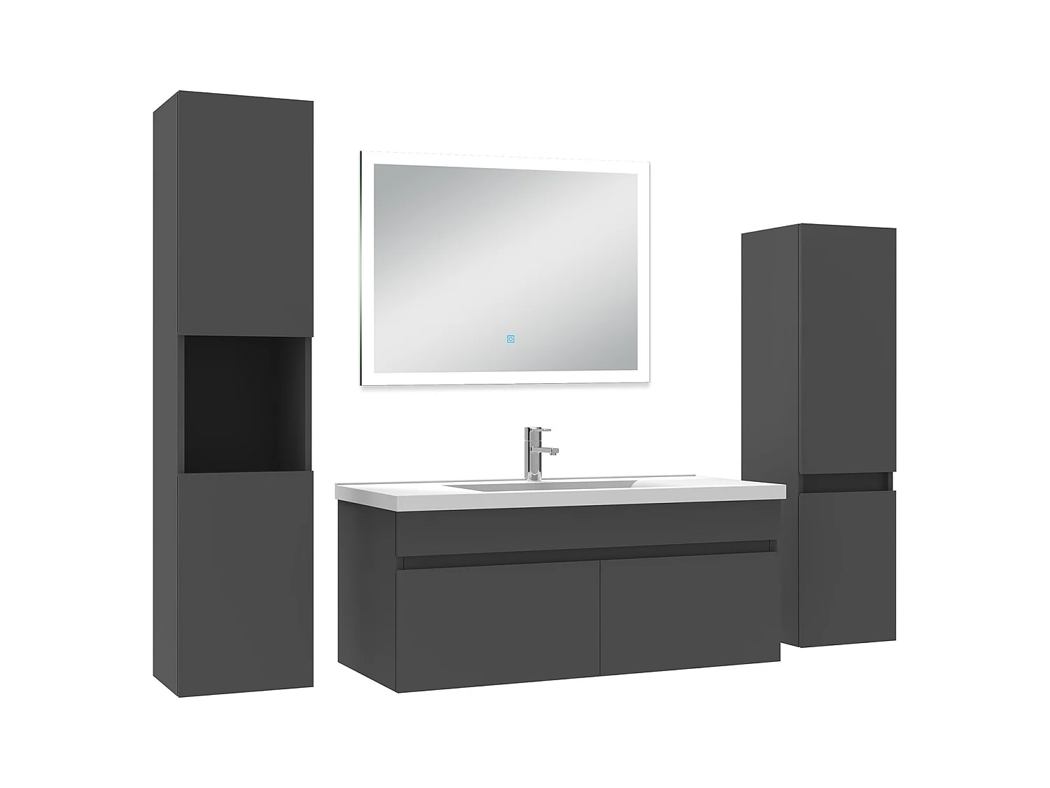 Ensemble meuble Salle de Bain 100cm simple vasque avec colonne + miroir lumineux dimmable anthracite
