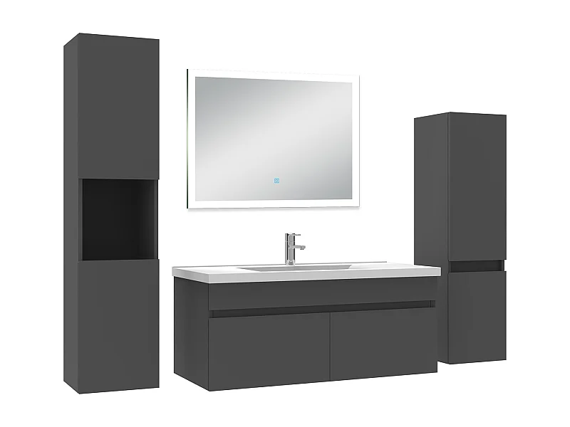 Ensemble meuble Salle de Bain 100cm simple vasque avec colonne + miroir lumineux dimmable anthracite