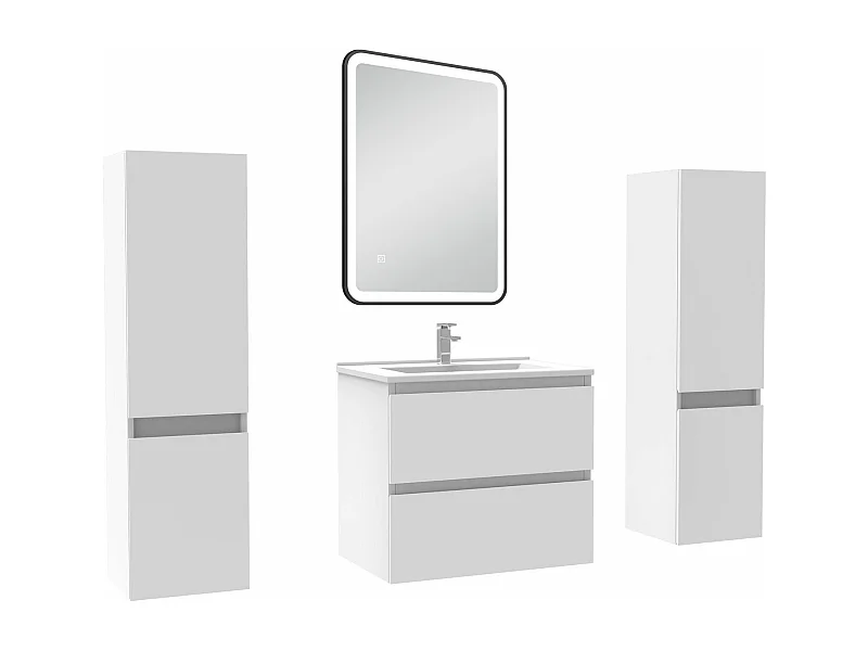 Meubles Salle de Bain 60cm avec colonne + miroir lumineux 3 couleurs blanc
