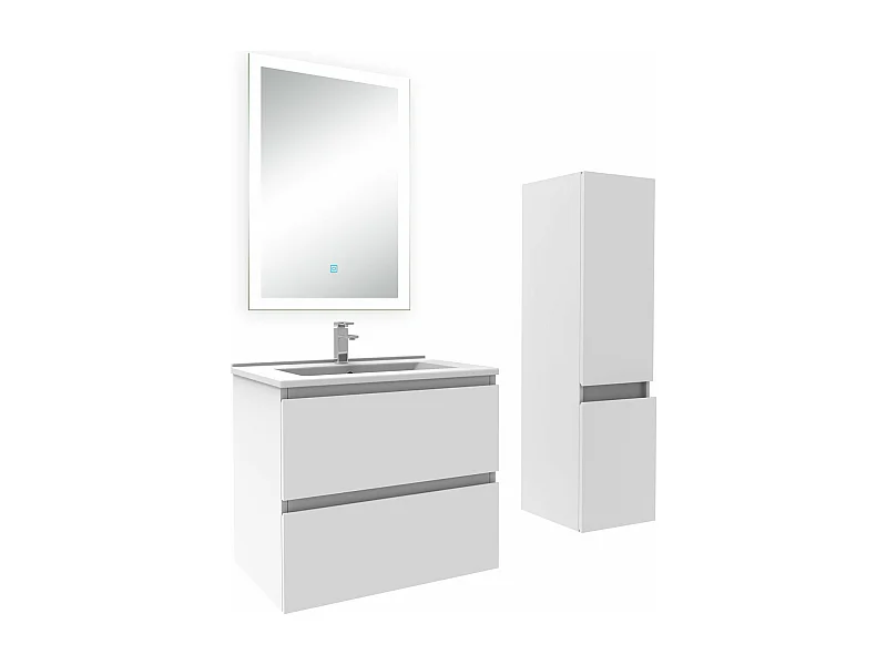 Ensemble meuble Salle de Bain 60cm avec vasque et colonne et miroir lumineux 3 couleurs blanc
