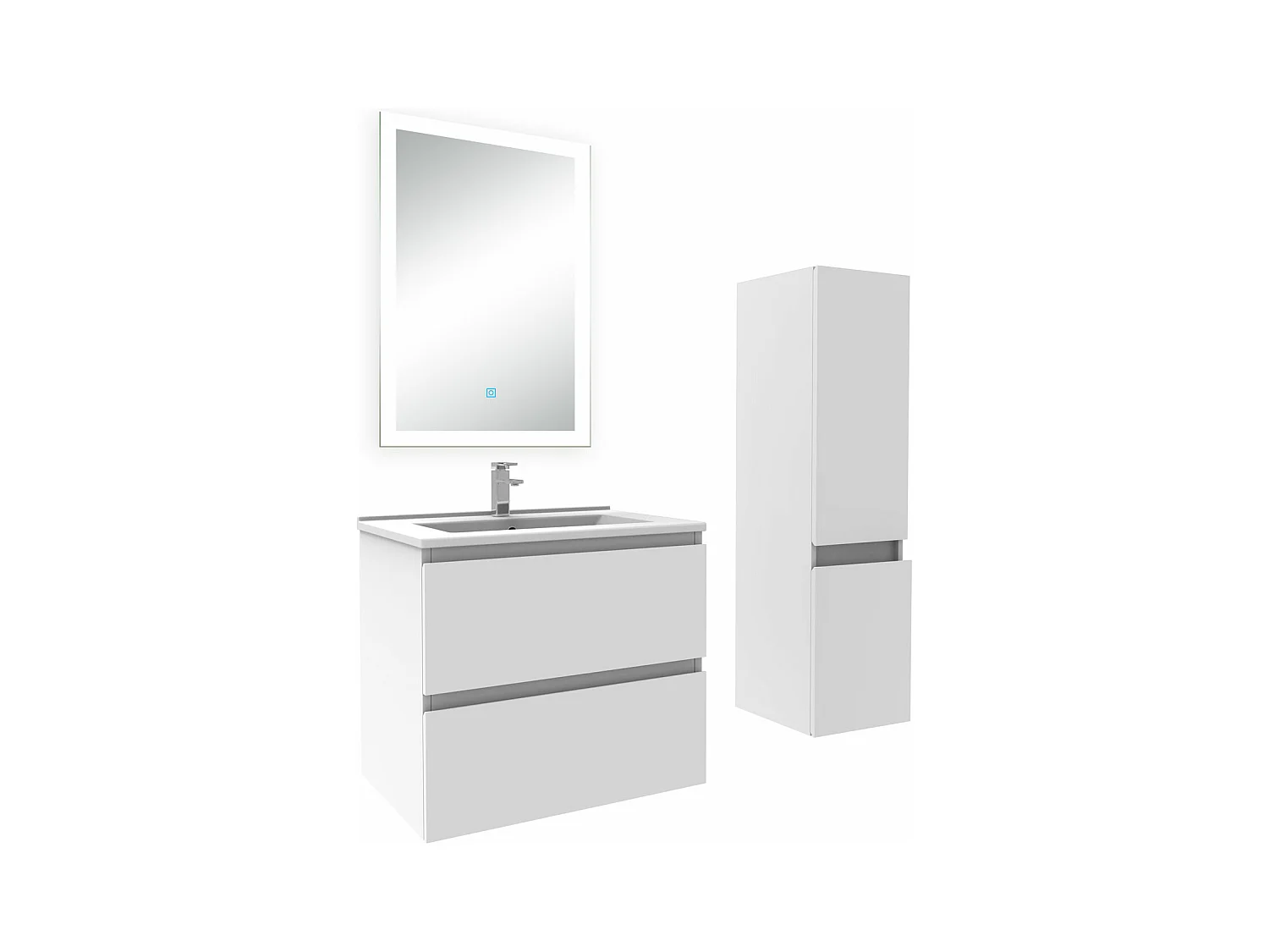 Ensemble meuble Salle de Bain 60cm avec vasque et colonne et miroir lumineux 3 couleurs blanc
