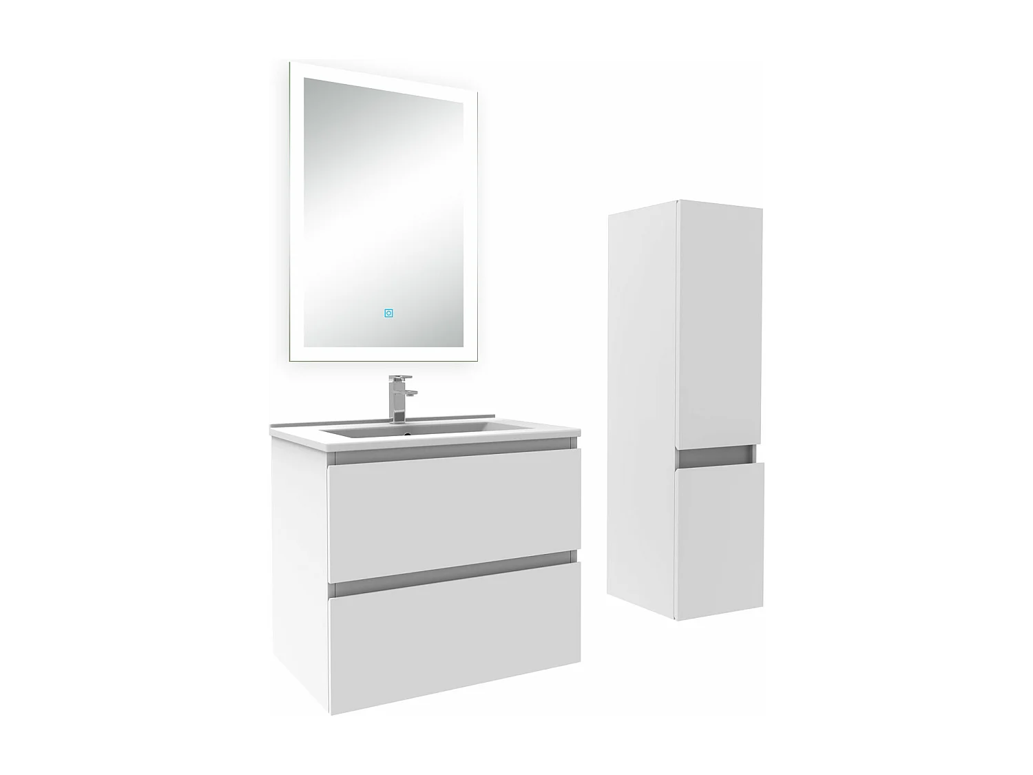 Ensemble meuble Salle de Bain 60cm avec vasque et colonne et miroir lumineux 3 couleurs blanc