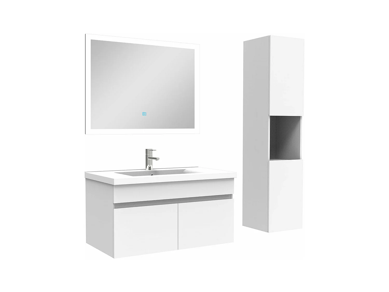 Ensemble meuble Salle de Bain 80cm avec vasque + colonne + miroir lumineux dimmable blanc