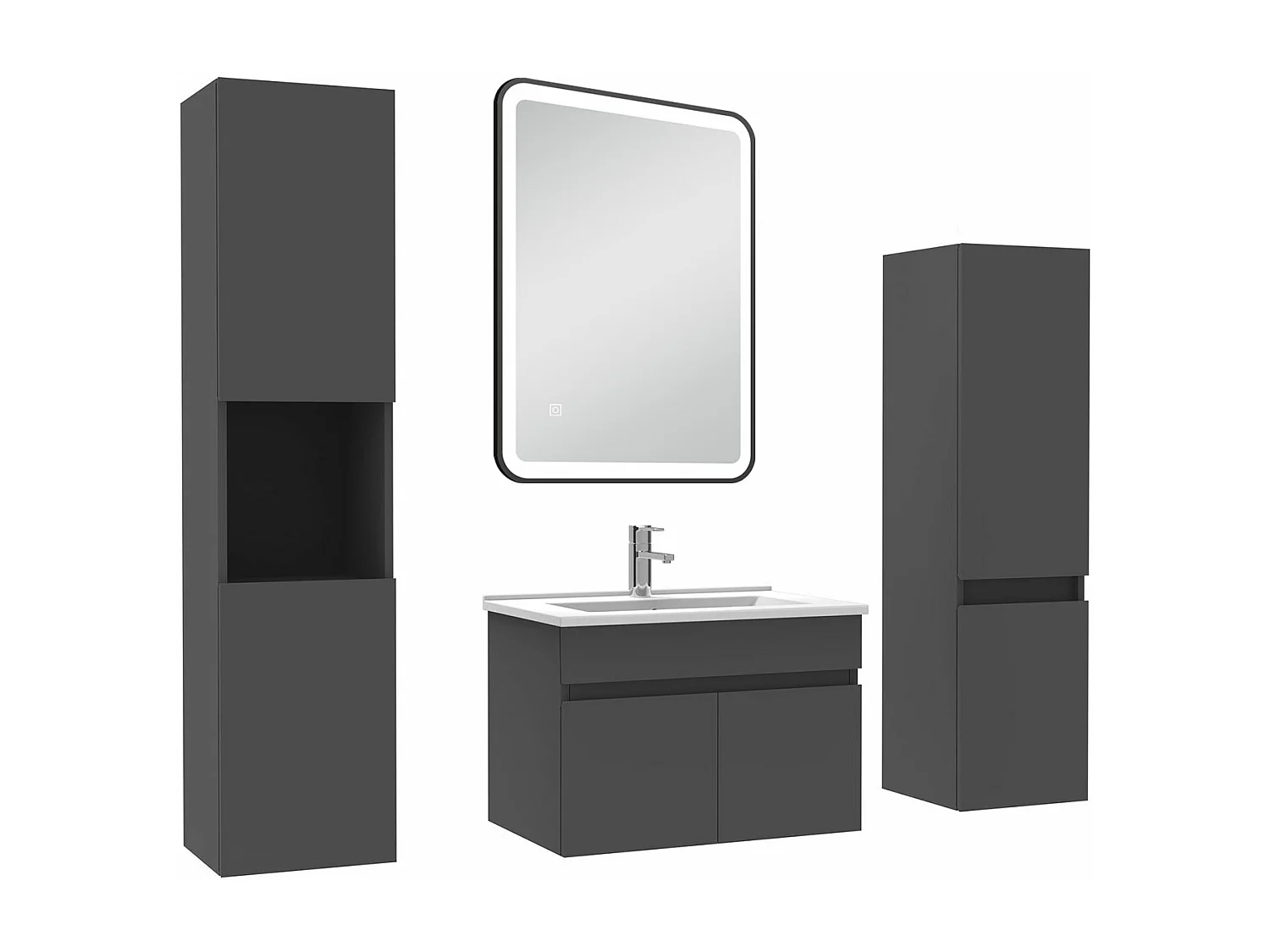 Meuble simple vasque anthracite 60cm avec colonne + miroir lumineux 3 couleurs + dimmable