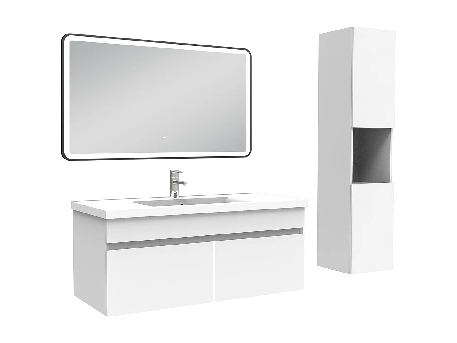 Meuble simple vasque 100cm avec colonne + miroir lumineux 3 couleurs blanc