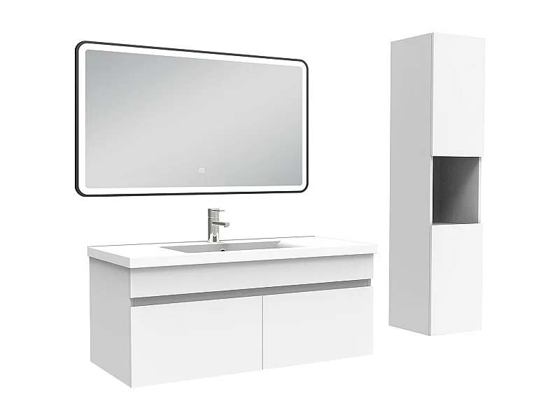Meuble simple vasque 100cm avec colonne + miroir lumineux 3 couleurs blanc