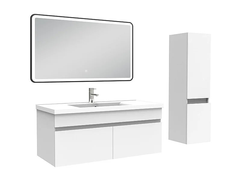 Meuble simple vasque 100cm avec colonne + miroir lumineux blanc