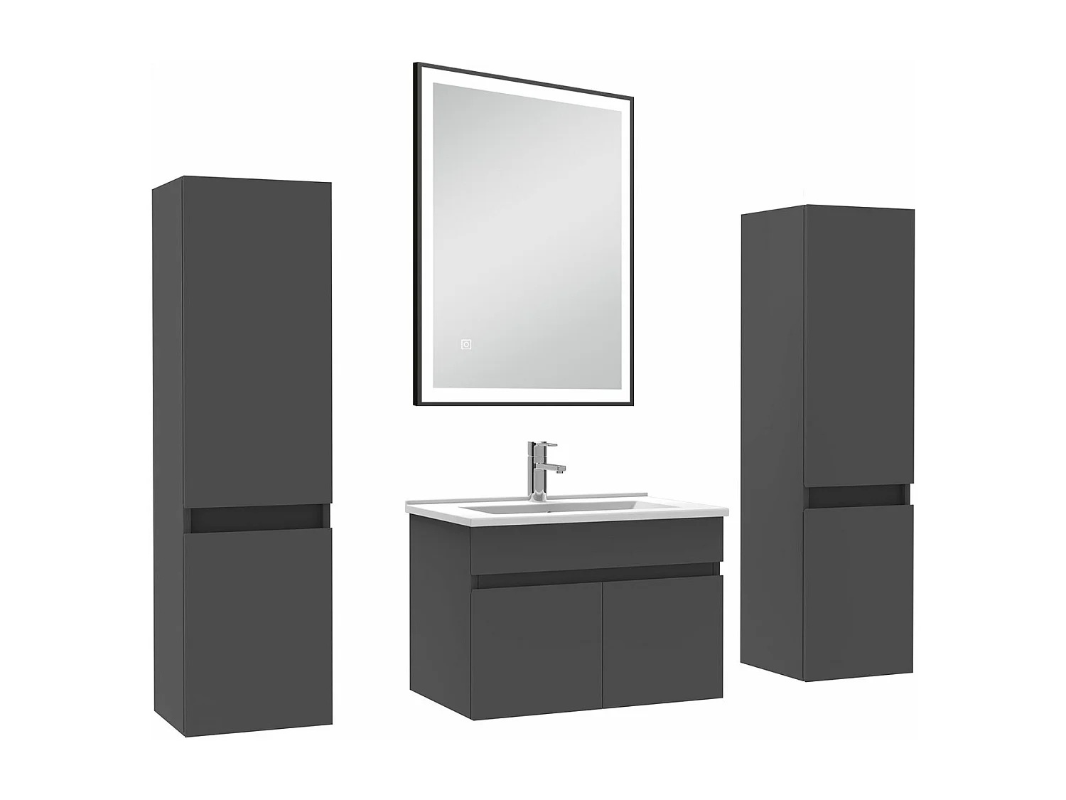 Meuble simple vasque anthracite 60cm avec colonne et miroir 3 couleurs et dimmable