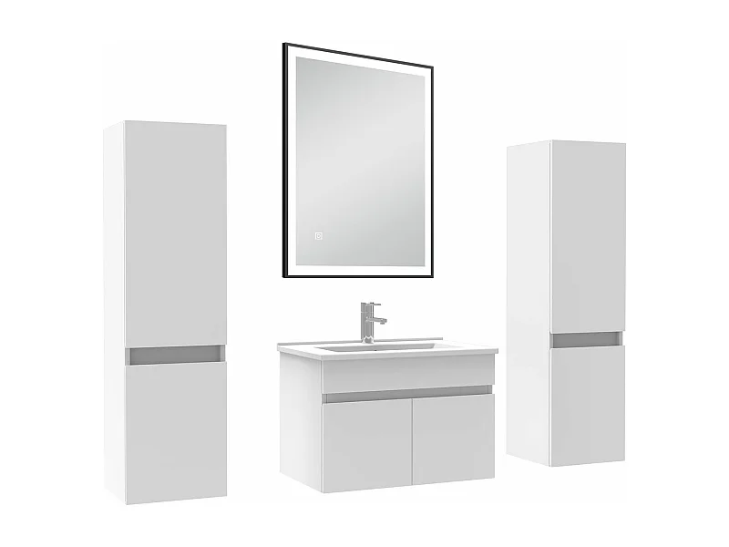 Meuble simple vasque blanc 60cm avec colonne et miroir 3 couleurs et dimmable