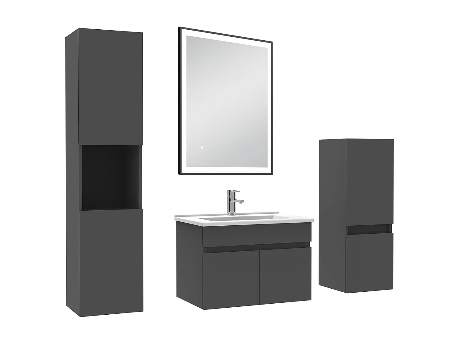 Meuble simple vasque 60cm avec colonne et miroir lumineux 3 couleurs et dimmable anthracite