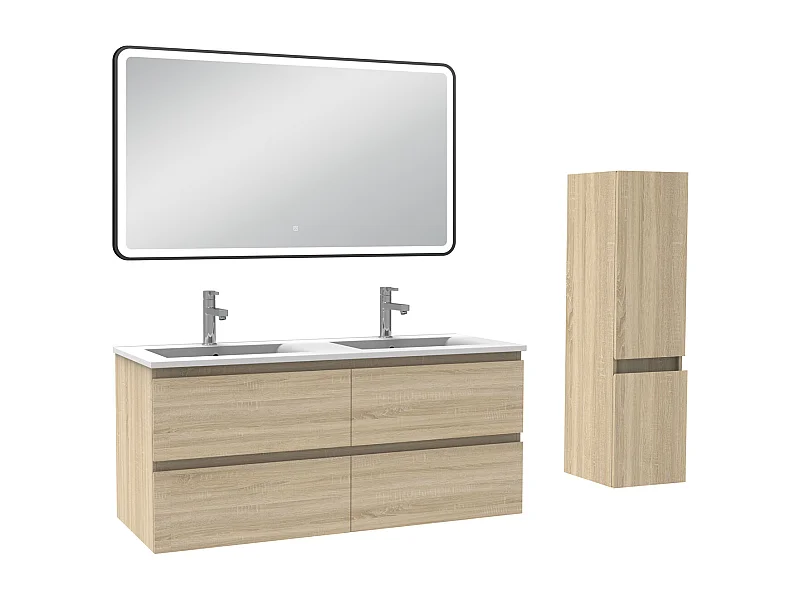 Meuble salle de Bain 120cm double vasque avec colonne + miroir 3 couleurs Chêne Wotan
