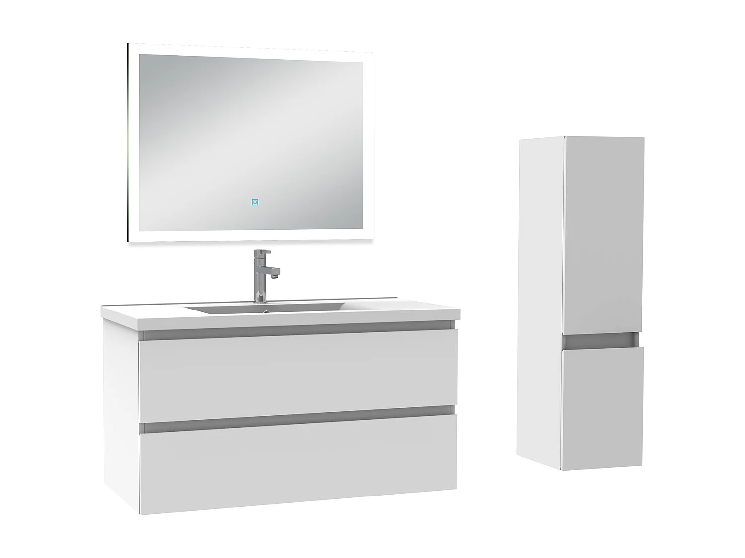 Ensemble meuble Salle de Bain 100cm avec vasque et colonne et miroir lumineux 3 couleurs blanc