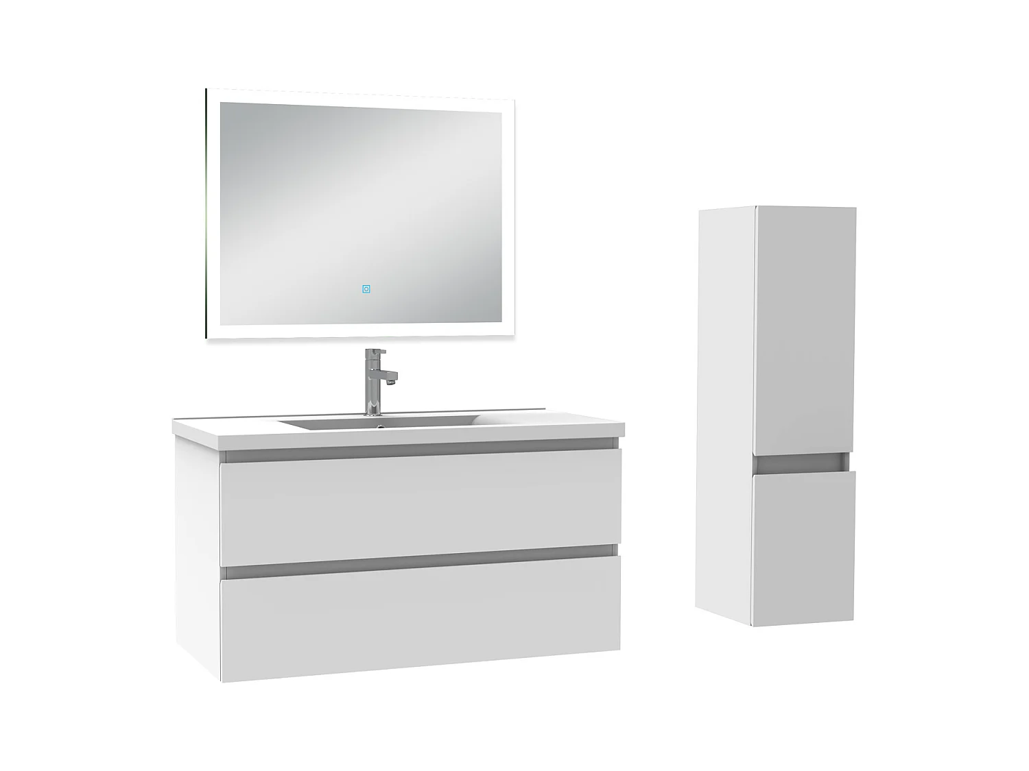 Ensemble meuble Salle de Bain 100cm avec vasque et colonne et miroir lumineux 3 couleurs blanc