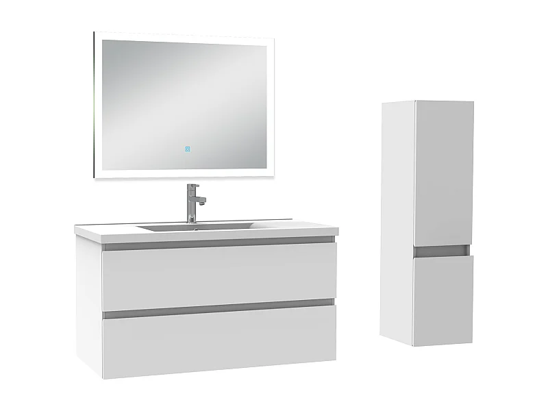 Ensemble meuble Salle de Bain 100cm avec vasque et colonne et miroir lumineux 3 couleurs blanc