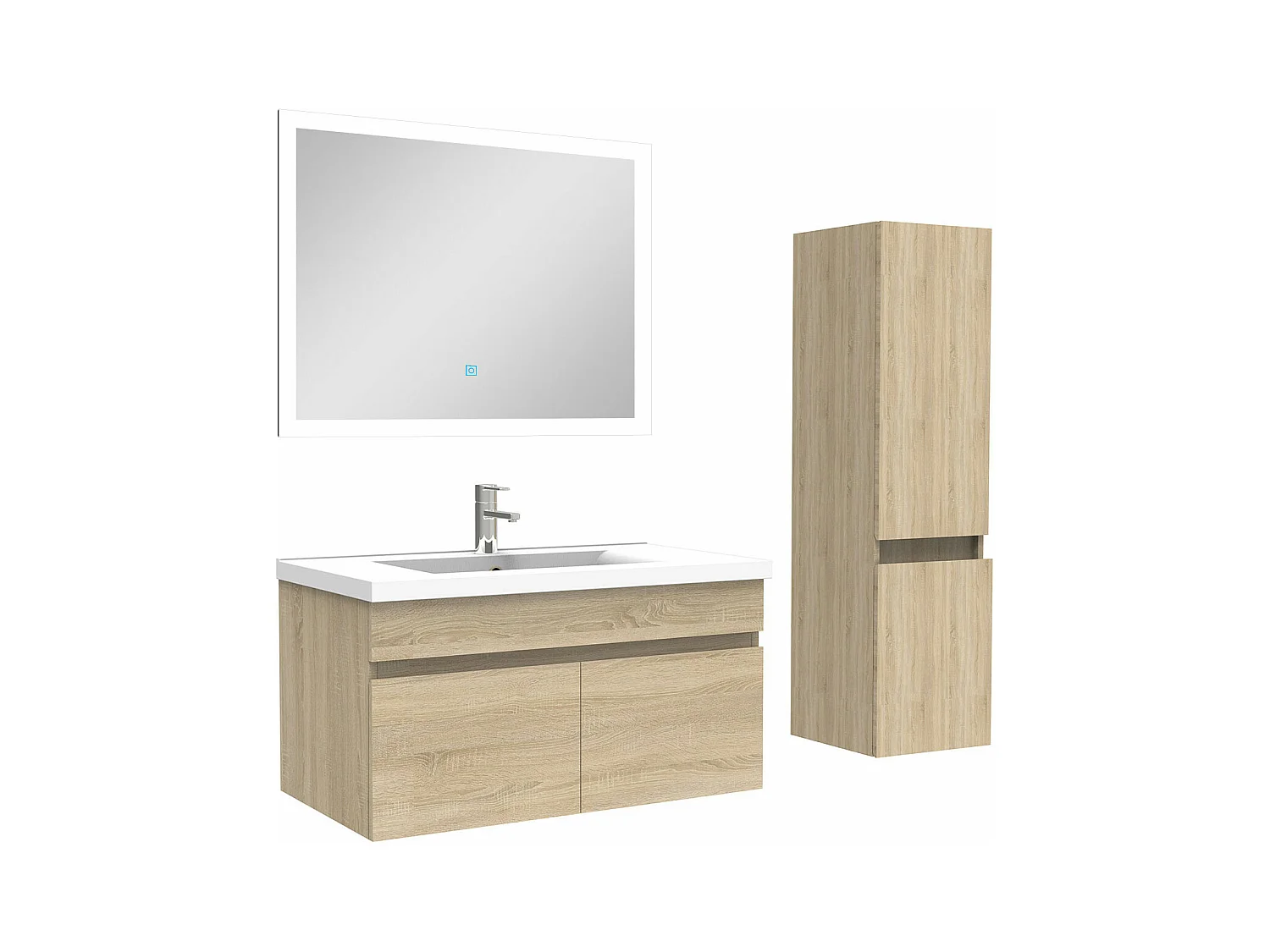 Ensemble meuble Salle de Bain 80cm avec vasque + colonne + miroir lumineux 3 couleurs chêne wotan
