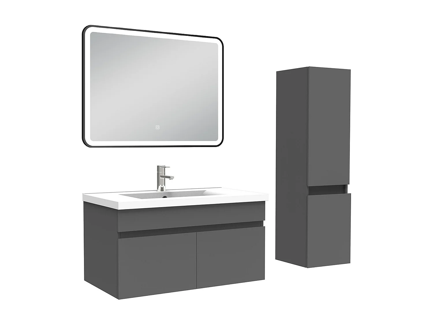 Meuble simple vasque 80cm avec colonne + miroir lumineux anthracite