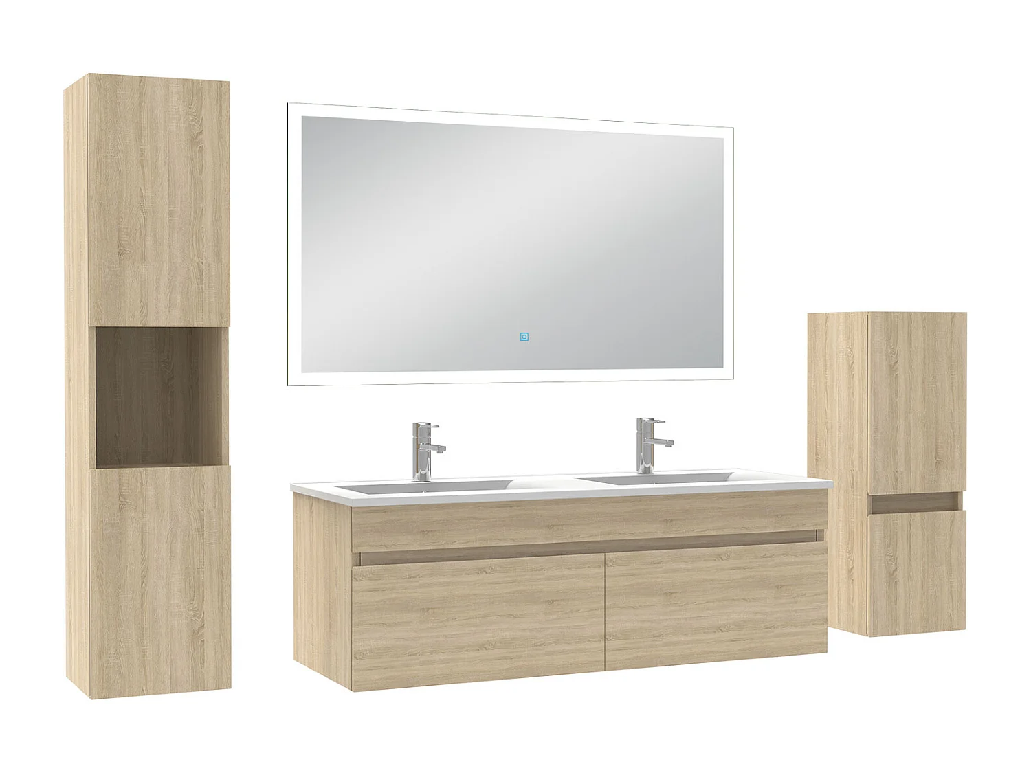 Ensemble meuble Salle de Bain 120cm avec double vasque + colonne + miroir lumineux dimmable chêne wotan
