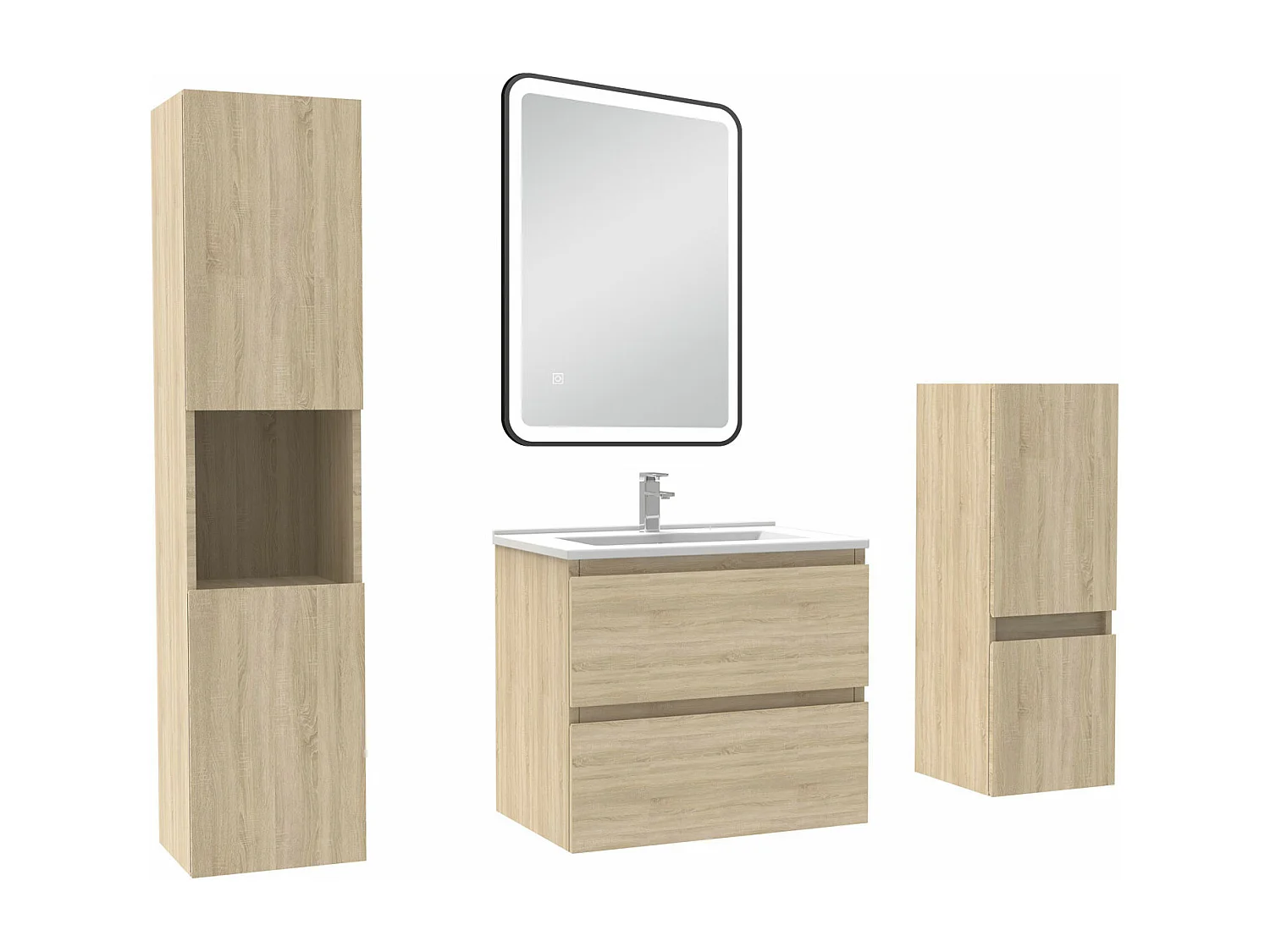 Meuble salle de Bain 60cm avec colonne + miroir mural lumineux 3 couleurs Chêne Wotan