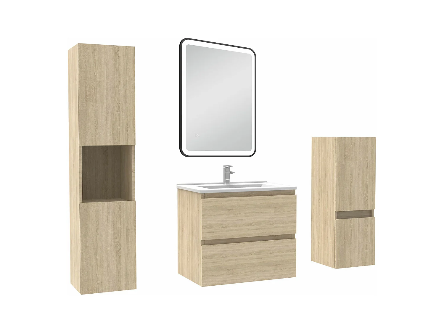 Meuble salle de Bain 60cm avec colonne + miroir mural lumineux 3 couleurs Chêne Wotan
